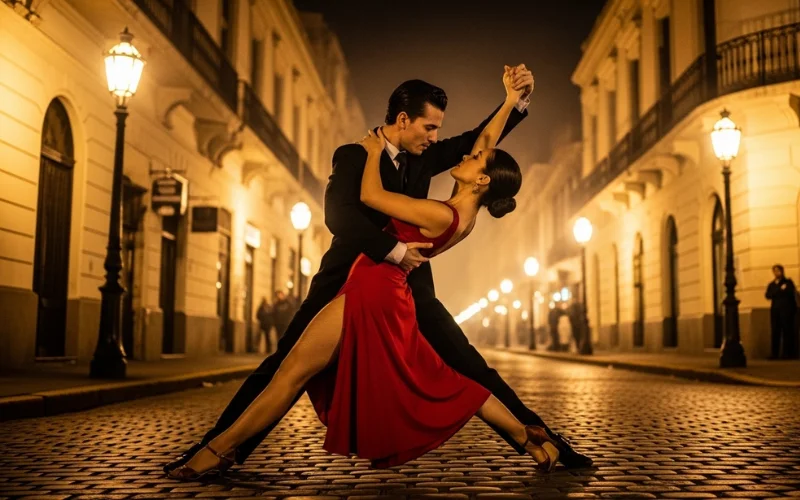 Evening street tango dancers in San Telmo, warm glowing street lights, cobblestone road.