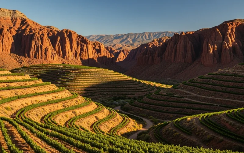 High-altitude vineyards surrounded by red canyon rock formations, golden sunlight.