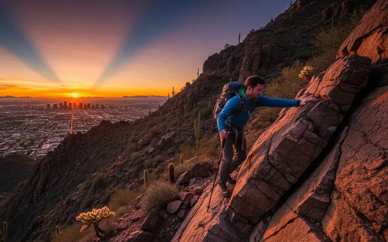 Hiker climbing steep rocky Camelback Mountain trail