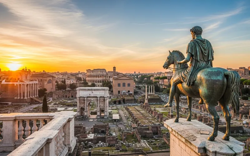 Capitoline Hill terrace overlooking Roman Forum at sunset, bronze statue, panoramic city view, warm golden light