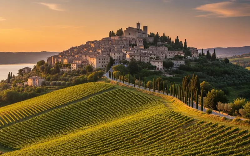 Italian hill town overlooking Lake Albano, vineyard landscape, warm sunset glow