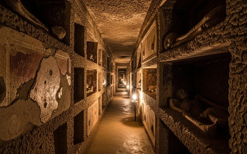 Underground Roman catacombs tunnel 