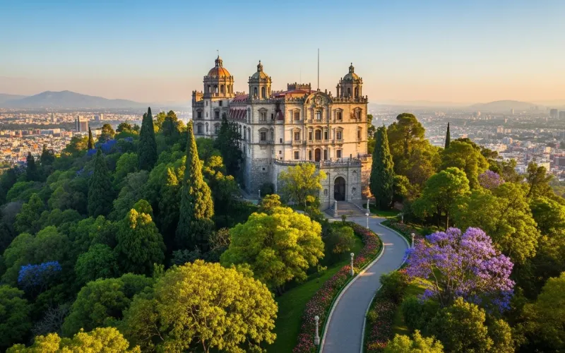 Chapultepec Castle on hilltop overlooking Mexico City skyline