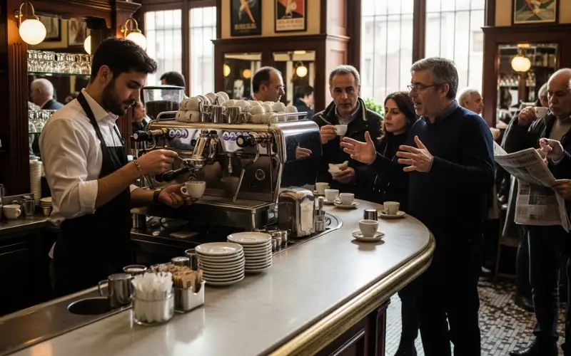 Italian espresso bar scene, barista serving espresso at marble counter, locals standing and chatting