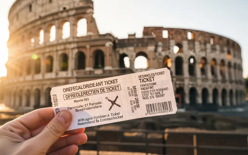Close-up of traveler holding Colosseum entrance ticket with the Colosseum in soft golden morning light behind, shallow depth of field