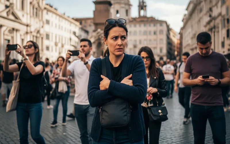 Busy Rome landmark square with tourist protecting crossbody bag, subtle warning mood, candid street photography, natural daylight