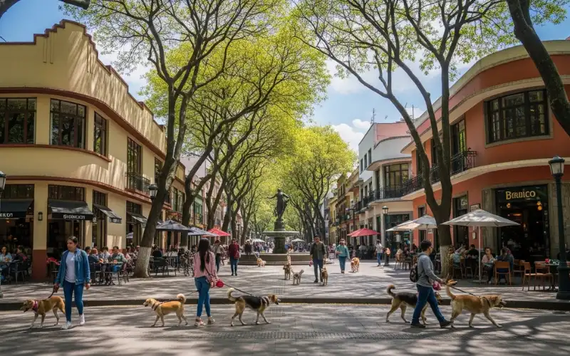 Parque México in Condesa with Art Deco buildings, locals walking dogs and relaxing at outdoor cafes