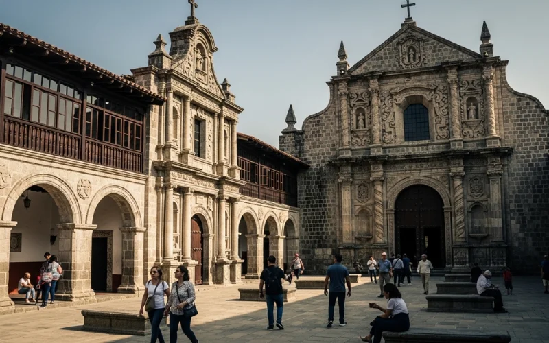 Jesuit Block colonial architecture, historic church courtyard, warm afternoon lighting.