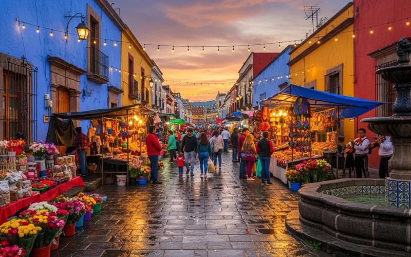 Colorful colonial streets of Coyoacán with cobblestone roads, Casa Azul style architecture
