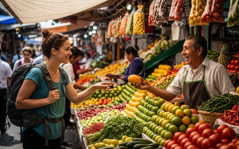 Friendly interaction between traveler and local street vendor at Mexico City market.