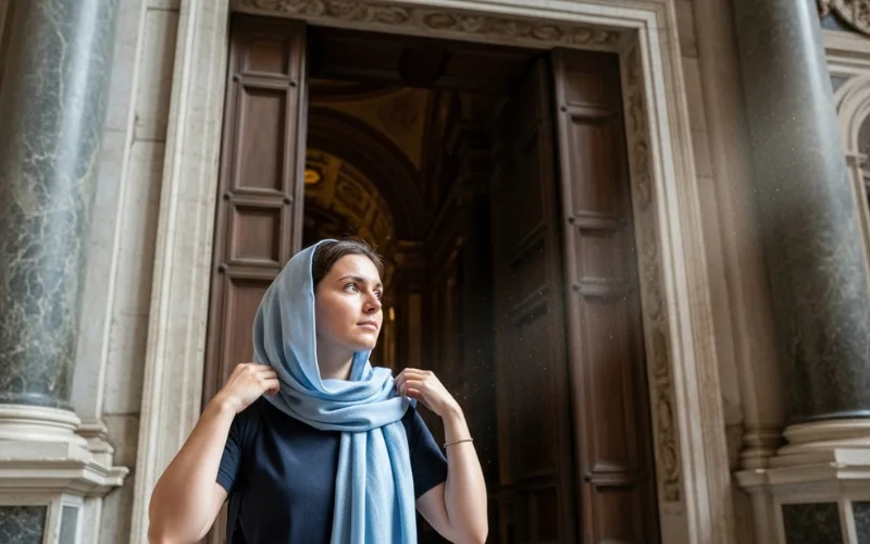 Tourist adjusting scarf over shoulders before entering grand Roman basilica, respectful atmosphere