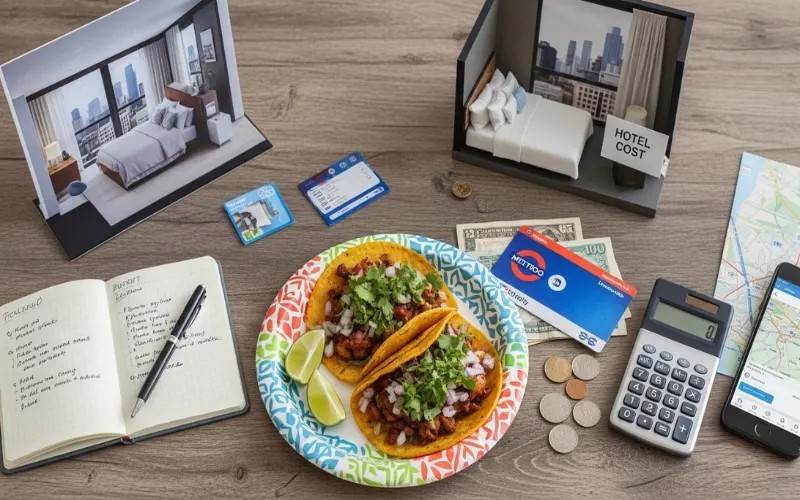 Travel budgeting scene with tacos, metro card, and hotel room representing different travel costs.