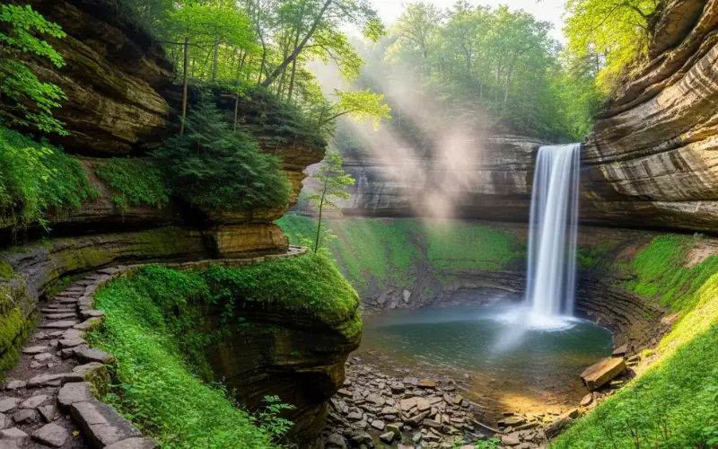 Starved Rock State Park canyon with waterfall, lush green forest, scenic hiking trail, natural landscape photography, 4K