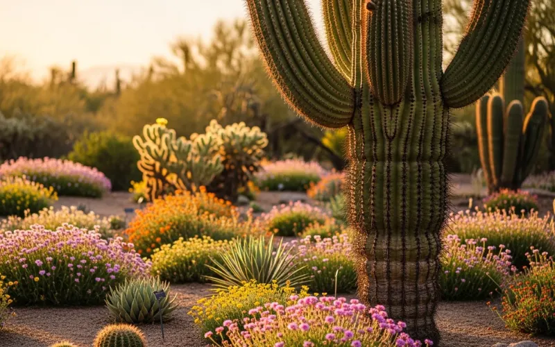 Close-up of giant saguaro cactus in botanical garden, desert plants blooming