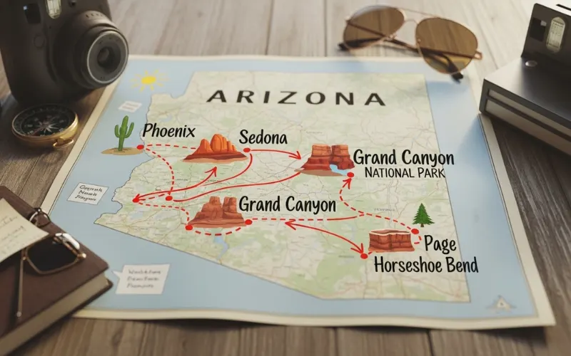 Arizona map overlay with highlighted routes connecting Phoenix, Sedona, Grand Canyon and Page