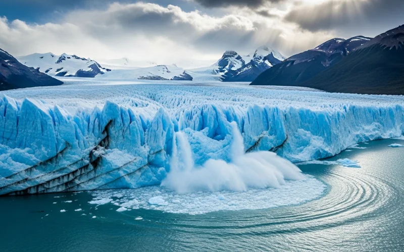 Perito Moreno Glacier breaking ice into Lago Argentino, bright blue ice texture detail.