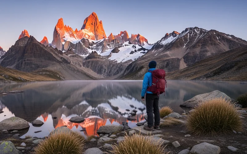 Hiker standing before Mount Fitz Roy at sunrise, dramatic orange glow on peaks.