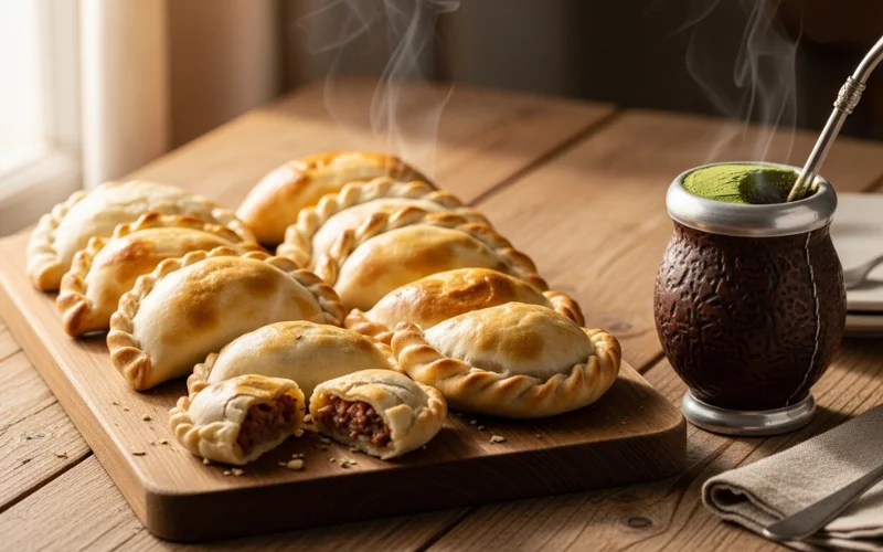 freshly baked empanadas on wooden board, traditional mate gourd and bombilla beside them.
