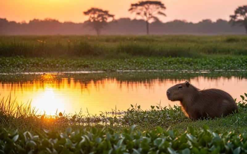Capybara near wetland lagoon, sunset reflection, lush green marsh landscape.