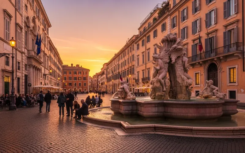 Elegant Roman piazza at sunset with fountain, cobblestone streets, warm evening lights