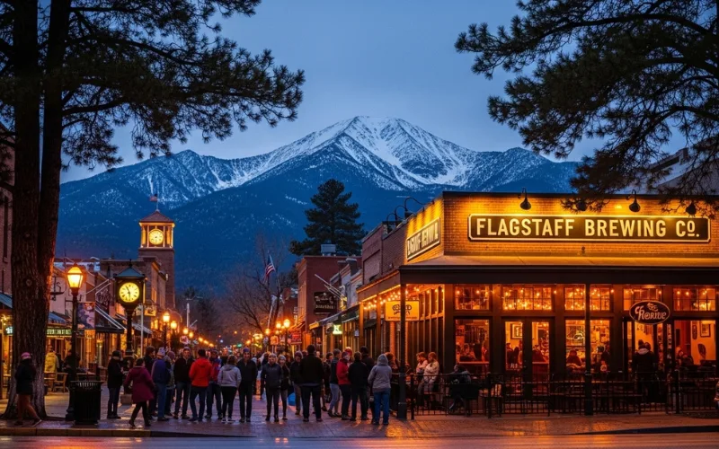 Historic downtown Flagstaff with mountain backdrop, cozy brewery lights at dusk, pine trees