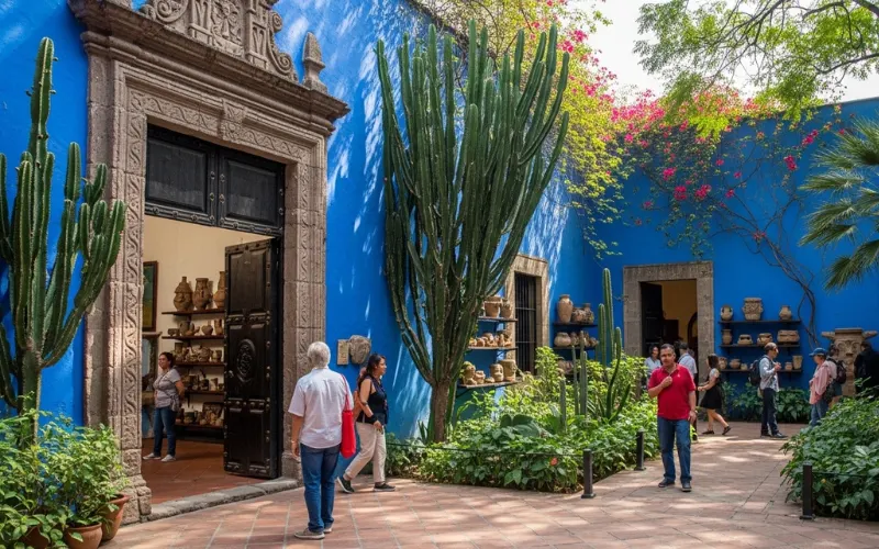 Casa Azul in Coyoacán with bright blue walls, garden courtyard 