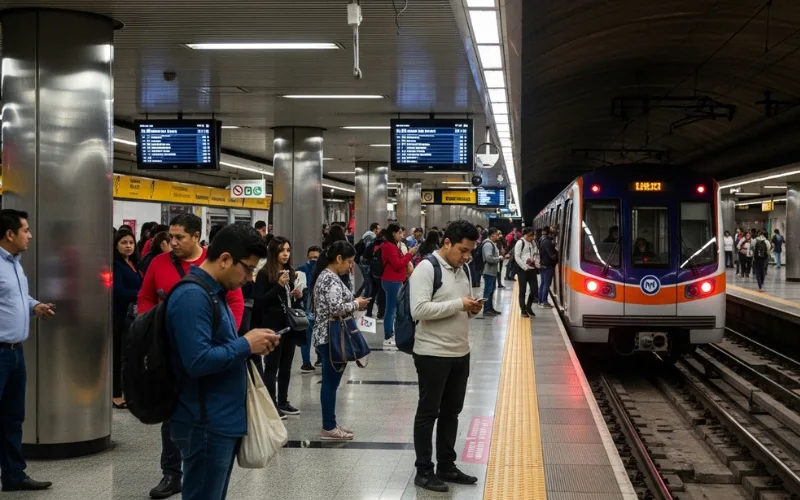 Mexico City metro train arriving at busy station with commuters and modern transit system.