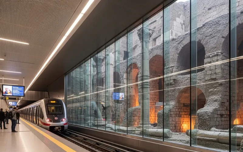 Modern Rome metro station with ancient ruins behind glass walls