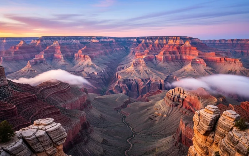 Grand Canyon South Rim at sunrise, dramatic canyon layers glowing orange and gold, mist in canyon