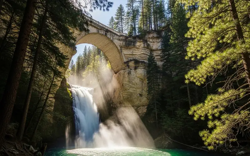Massive natural travertine bridge with waterfall flowing underneath, lush pine forest surroundings, dramatic perspective from below, ultra realistic
