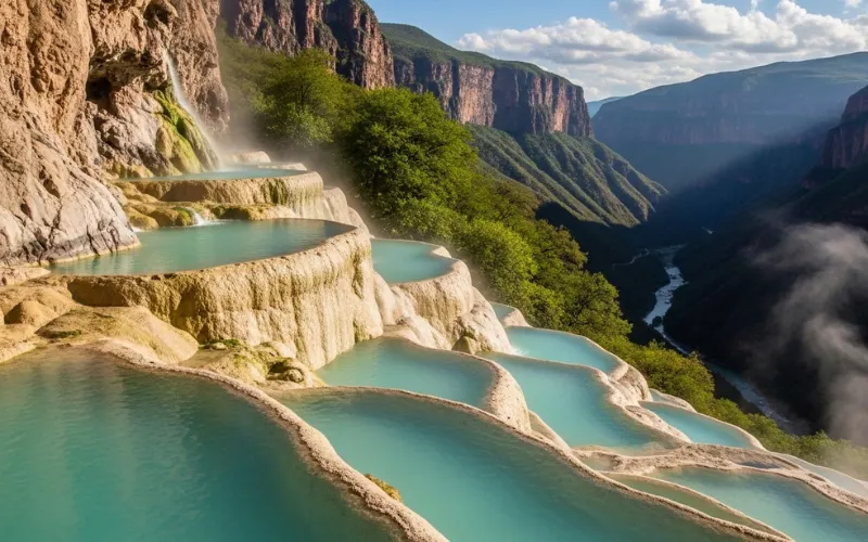 Turquoise thermal pools at Grutas de Tolantongo built into mountain cliffs with stunning canyon views.
