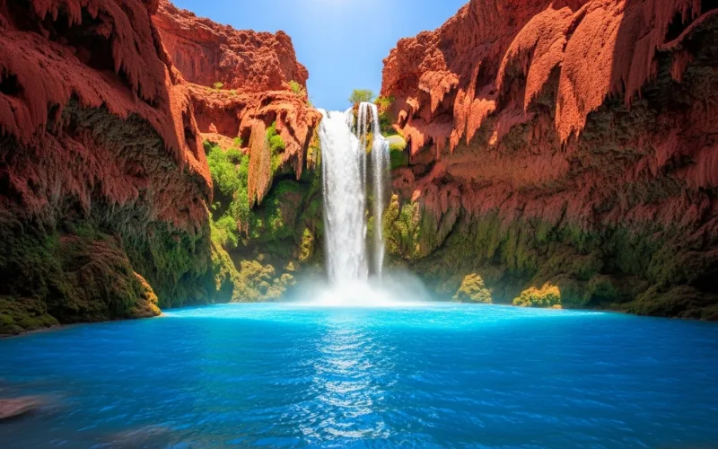 Turquoise waterfall cascading into bright blue pool surrounded by red canyon walls, sunlit desert canyon, ultra vibrant colors