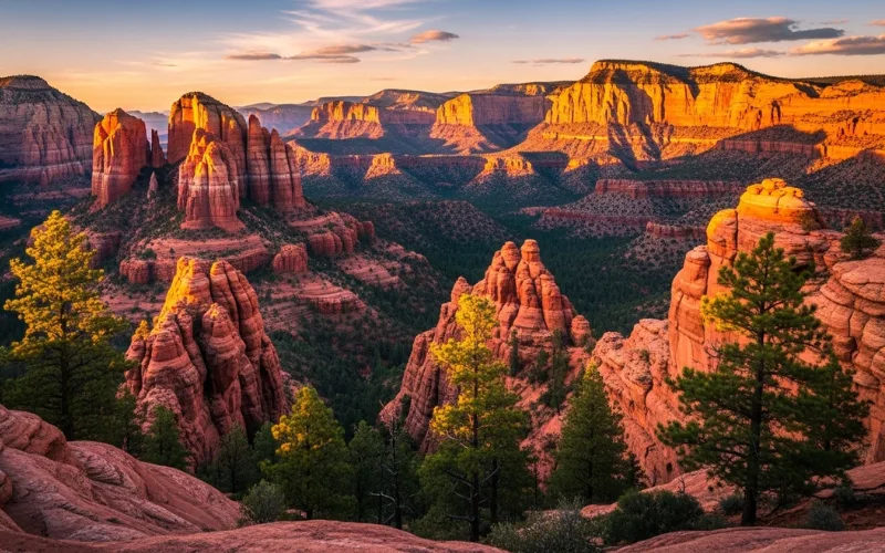 Epic Arizona landscape mix of desert cliffs, pine forests, and red rock formations at golden hour, wide angle