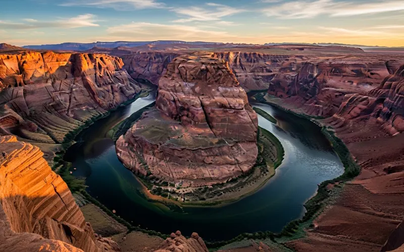 Aerial view of Horseshoe Bend with Colorado River curving dramatically, high cliff viewpoint