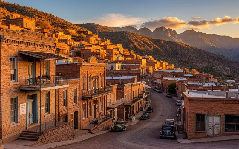 Historic Jerome hillside town with old brick buildings and mountain backdrop