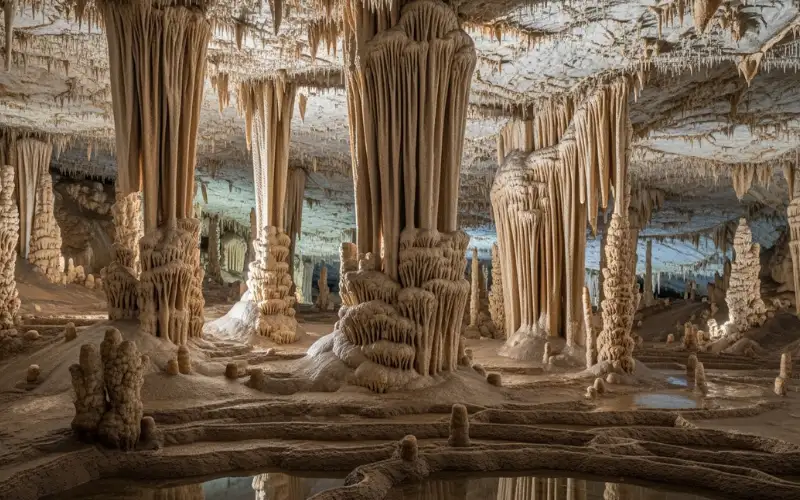 Limestone cave interior with stalactites and stalagmites, soft cave lighting