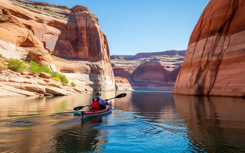 Kayaker paddling through Lake Powell canyon with towering red rock walls