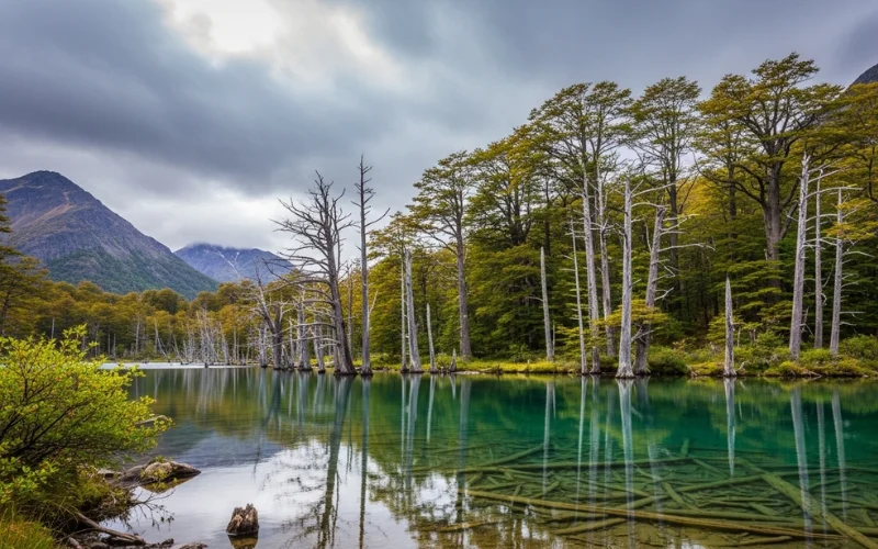 Ancient Patagonian forest with crystal-clear lake reflection, towering 2,000-year-old trees.