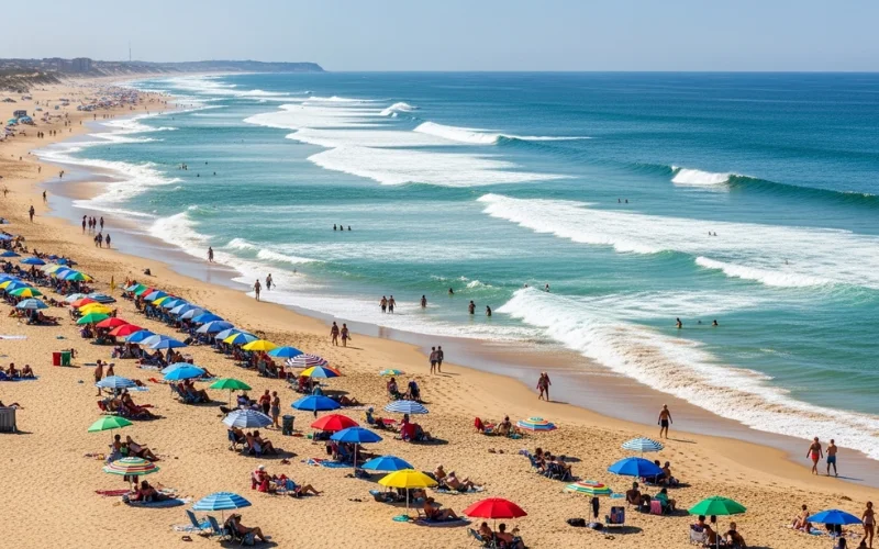 Wide sandy beach with colorful umbrellas, Atlantic waves rolling in, lively summer beach atmosphere.