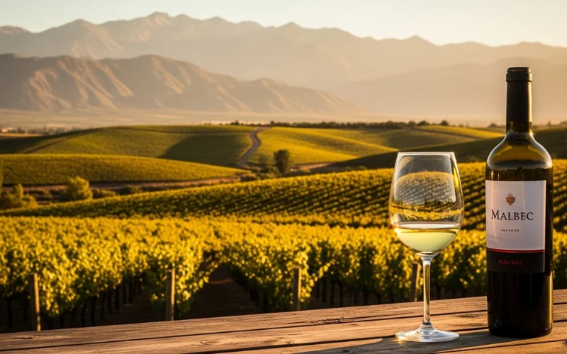 Golden vineyards with Andes mountains backdrop at sunset, wine glass in foreground.