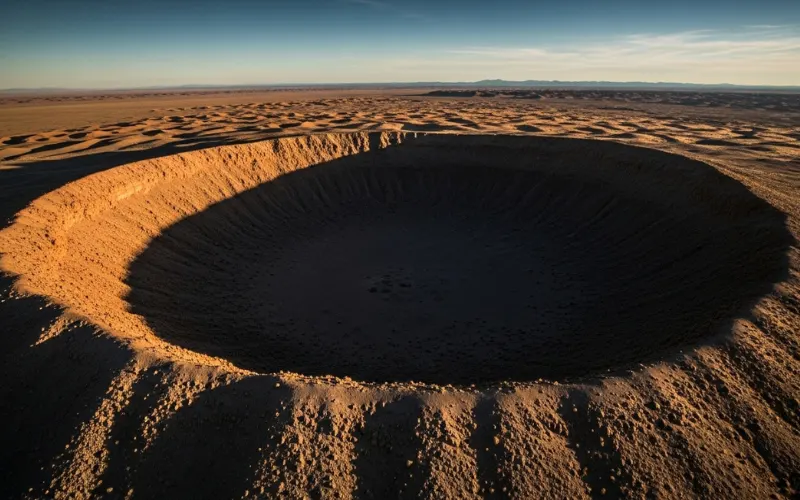 Aerial view of massive desert meteor crater with dramatic shadows inside rim, deep blue sky