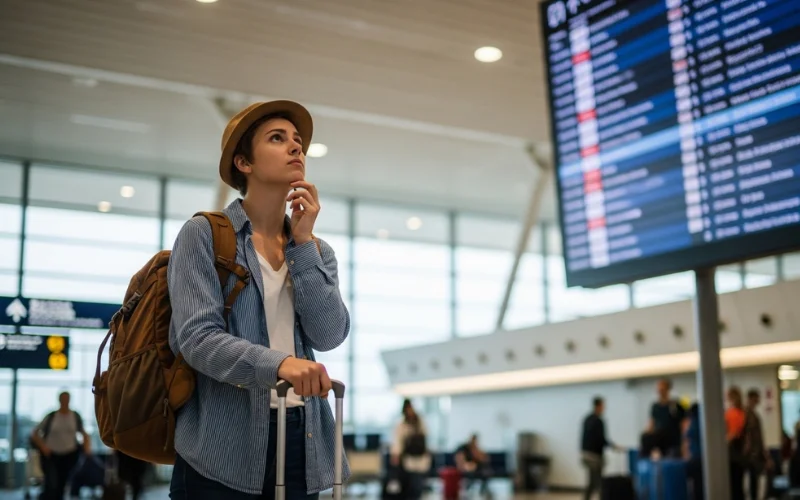 Traveler looking overwhelmed at airport departure board, suitcase beside them.
