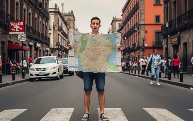 Tourist looking overwhelmed with large city map in busy Mexico City street scene.