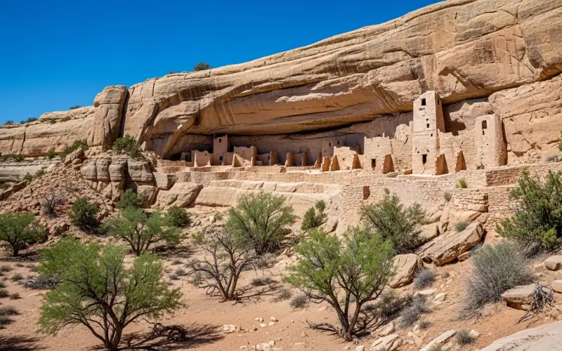 Cliff dwelling built into limestone rock wall