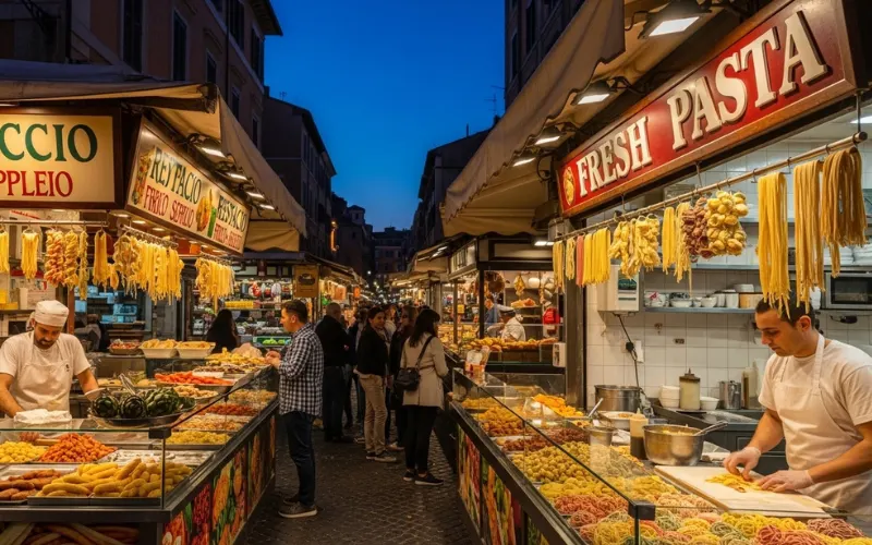 Trendy Monti neighborhood street with vintage shops and wine bars at dusk, cozy lights, stylish Roman ambiance Authentic Testaccio food market with fresh pasta and street food stalls