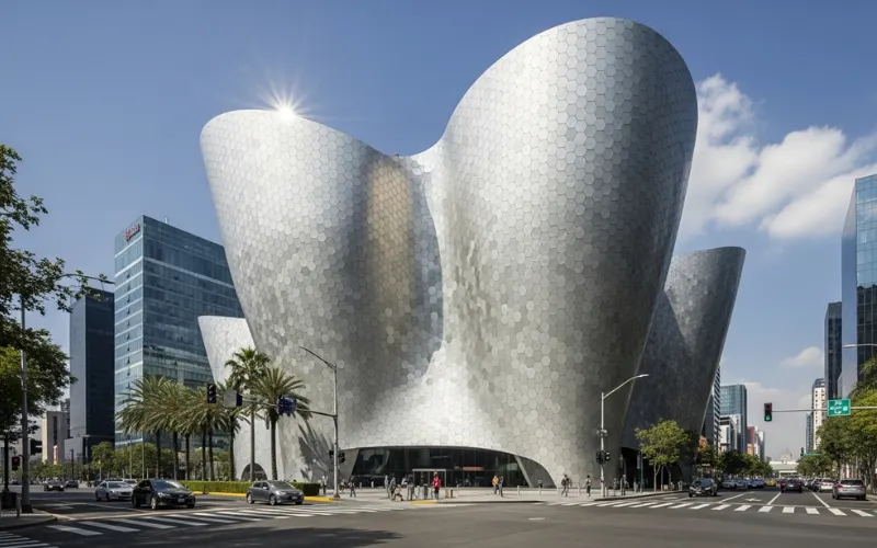 Futuristic Museo Soumaya silver curved architecture reflecting 