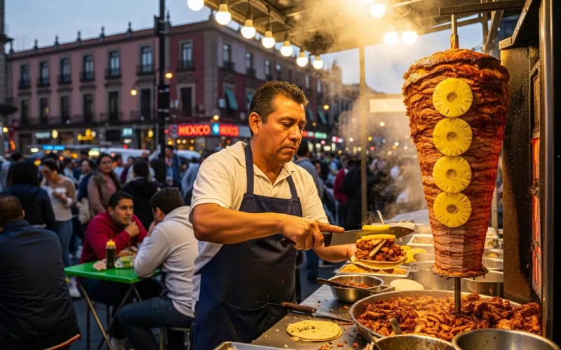 Street vendor preparing tacos al pastor on vertical spit with pineapple slices