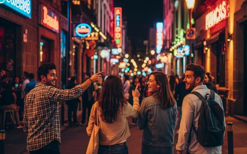 Young travelers walking through vibrant Mexico City nightlife street with neon lights, busy bars and music venues, energetic evening atmosphere