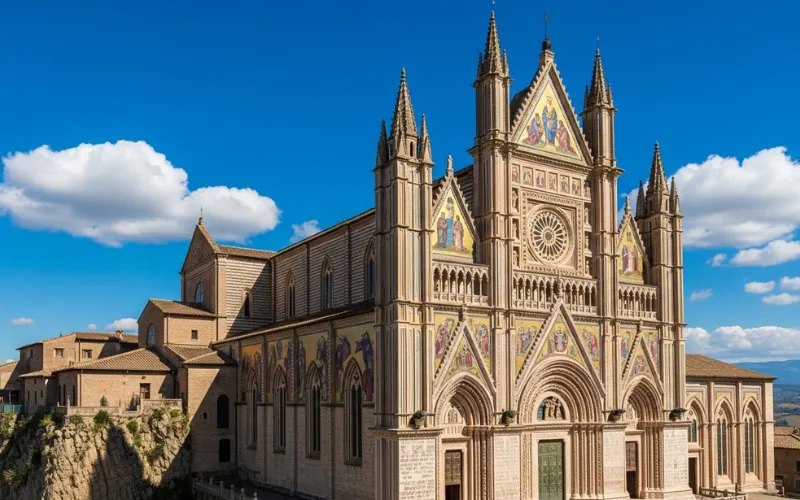 Dramatic Gothic cathedral facade in Orvieto on hilltop town, detailed mosaic front