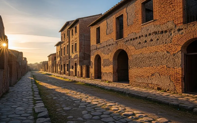 Empty ancient Roman street in Ostia Antica with brick buildings